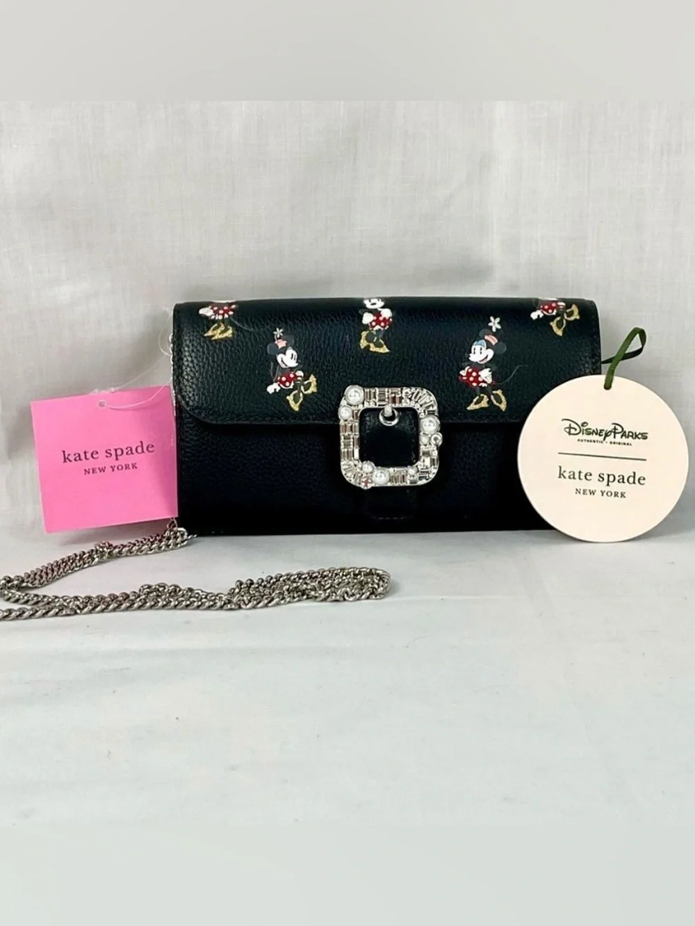 Disney Kate Spade Minnie Mouse Crossbody Wallet Clutch Rhinestone Pearl Buckle